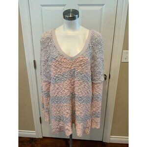 Free People Pink & Blue Striped Knubby Knit V-Neck Sweater, Size Medium